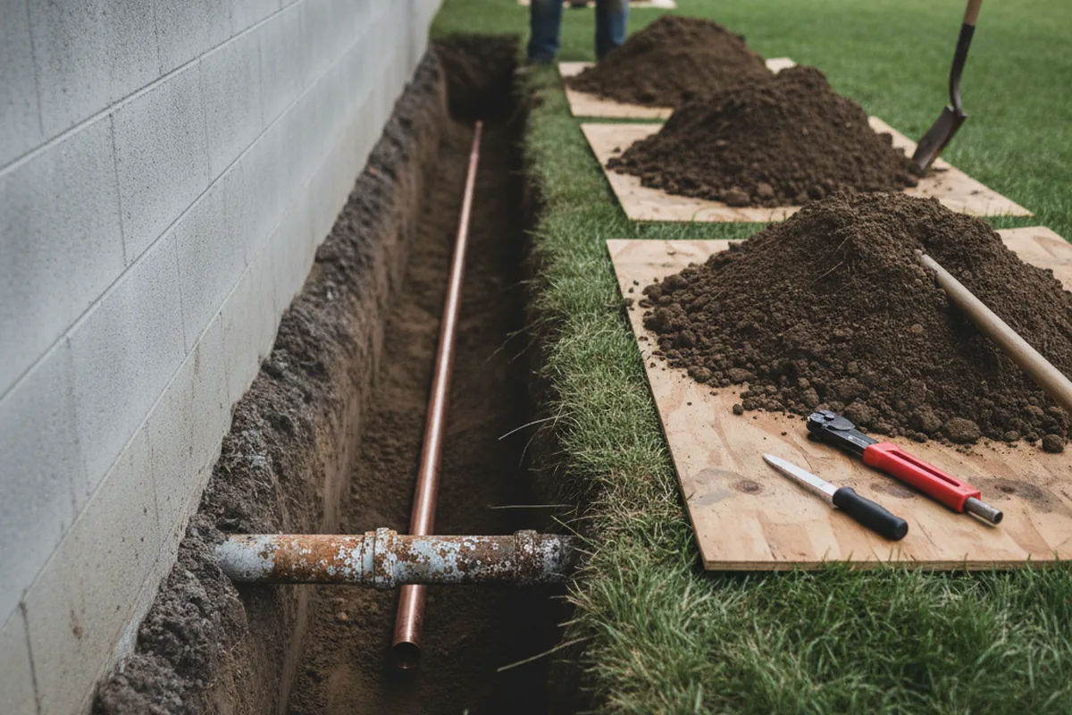 Excavated water line trench during Water Softener Installation in Cheney